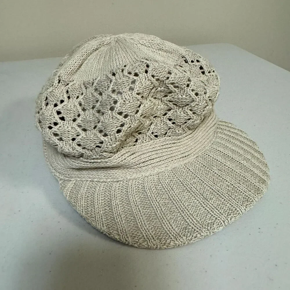 Boho Crochet Cap Brimmed Beanie Hat Women's Lace Ivory Knit Visor Casual Hippie